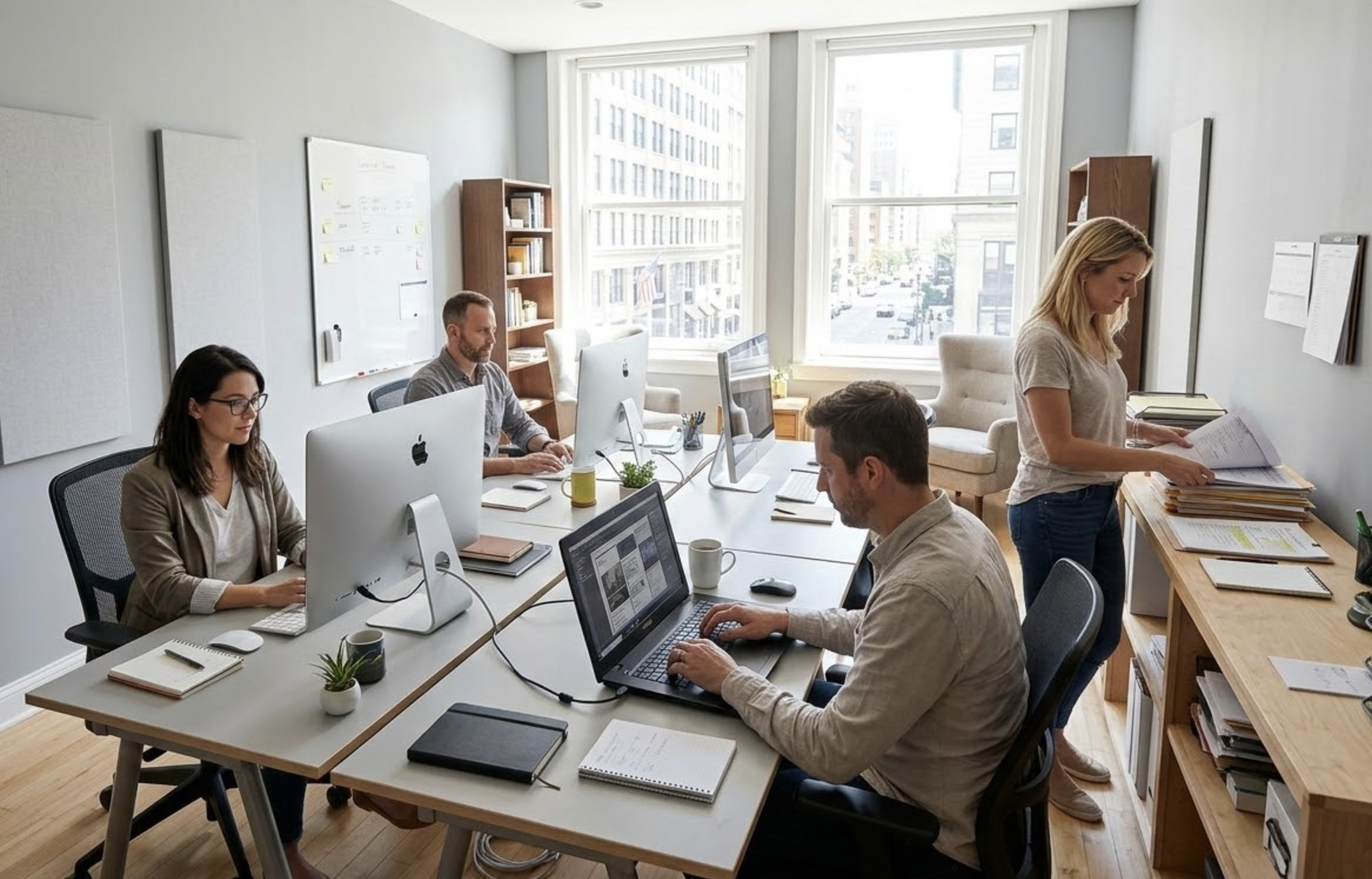 Cuatro profesionales de la comunicación trabajando en su despacho